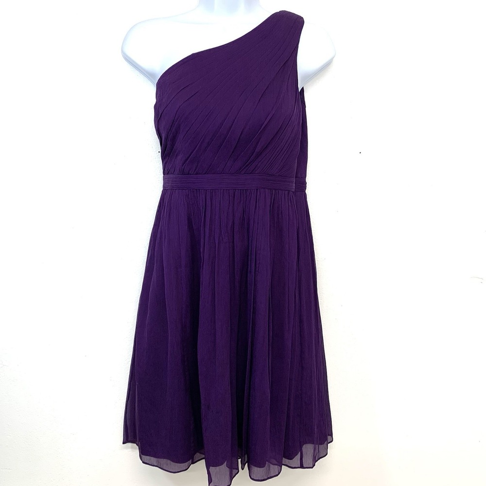 J Crew One Shoulder 100% Silk Purple Mini Dress Empire Flowy Lined Sz 4 Petite